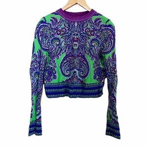 Free People Green and Purple Paisley Long Sleeve Crop Sweater Womens Small
